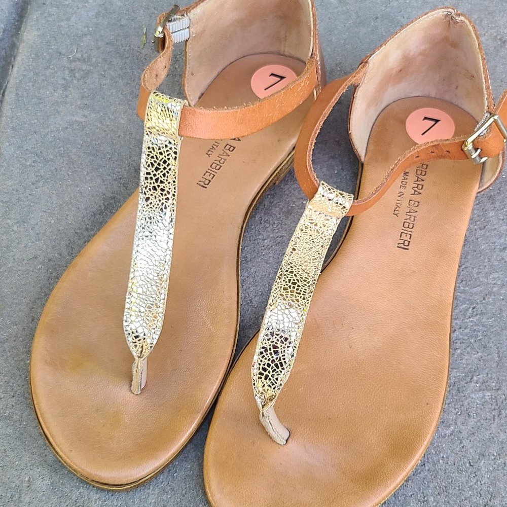 Anthropologie - Barbara Barbieri - T-Strap Gold Foil Leather Sandals - 7